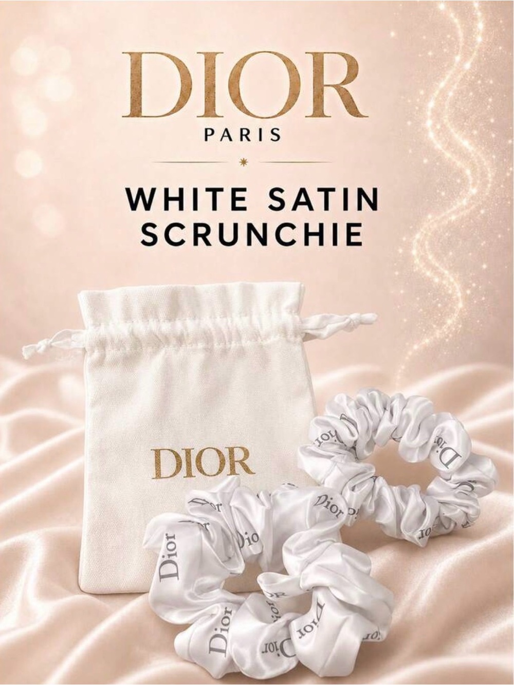 Dior White Satin Scrunchie 8cm, Soft Satin With Bag/Gift Box🔥New!